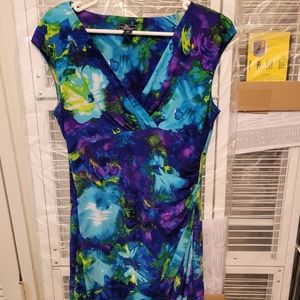 Blue and purple floral print ruched knit dress, sz 12